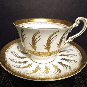 Foley Bone China Footed Tea Cup and Saucer 4806 White Gold Plumes E Brain & Co